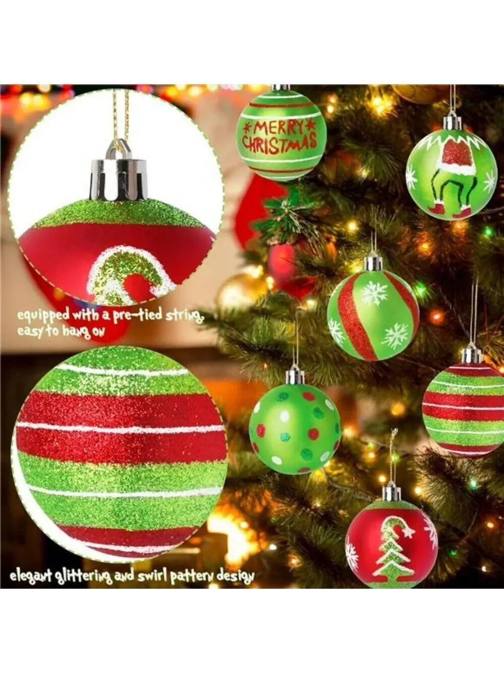 Red Green Glitter Christmas Ball Ornaments Set 12 Shatterproof Tree Decorations